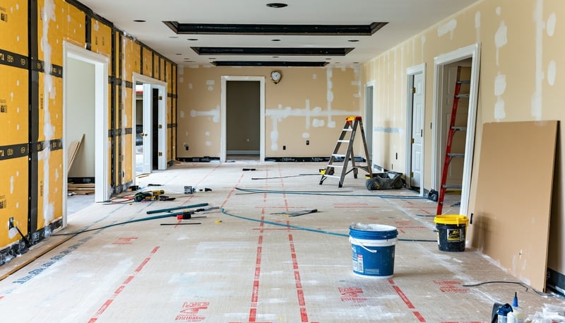 Home renovation in progress, featuring flooring, painting, and carpentry work